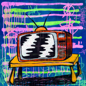 a bright and vibrant painting of an old fashioned tv by artist Zero Gradient